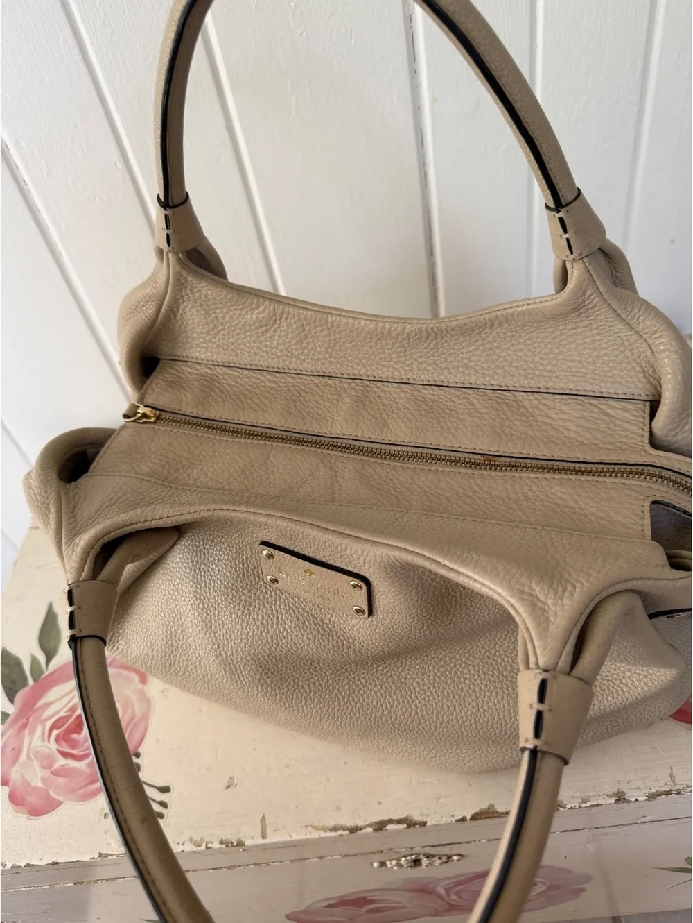 Kate Spade Pebbled Leather Satchel Handbag in Taupe with Gold Hardware